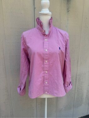 Ralph Lauren Pink Gingham Cropped Refashioned Ruffle Collar Button-Down